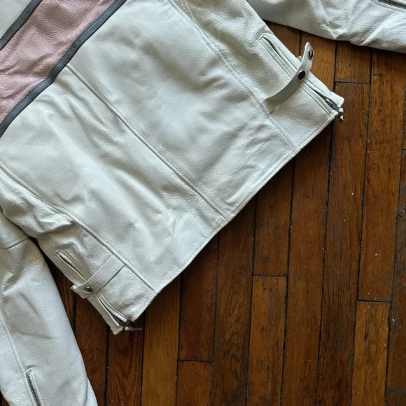 VTG 1990s Hot Leathers Motorcycle CAFE RACER Jacket XL White Pink RACING Stripe‎